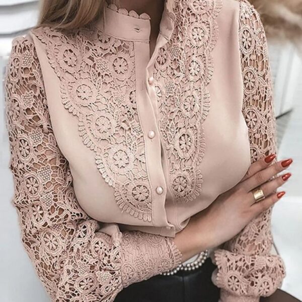 Chemisier coton dentelle col rond manches longues décontracté