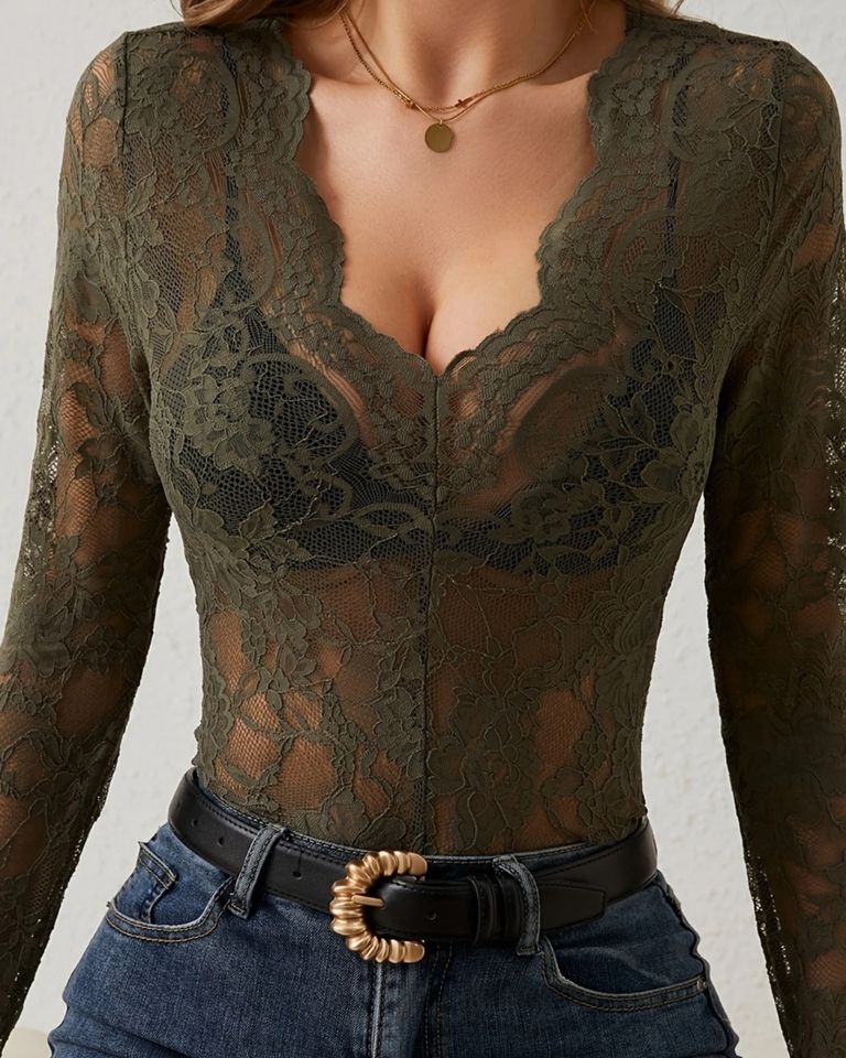 Haut dentelle nylon col V manches longues streetwear