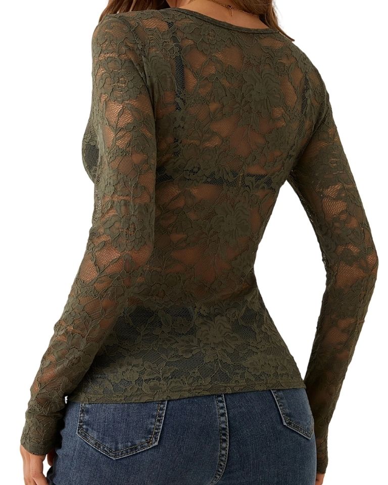 Haut dentelle nylon col V manches longues streetwear