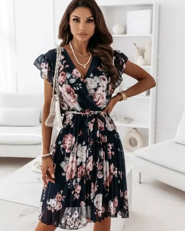 Robe bureau imprimé fleur col V taille lacets