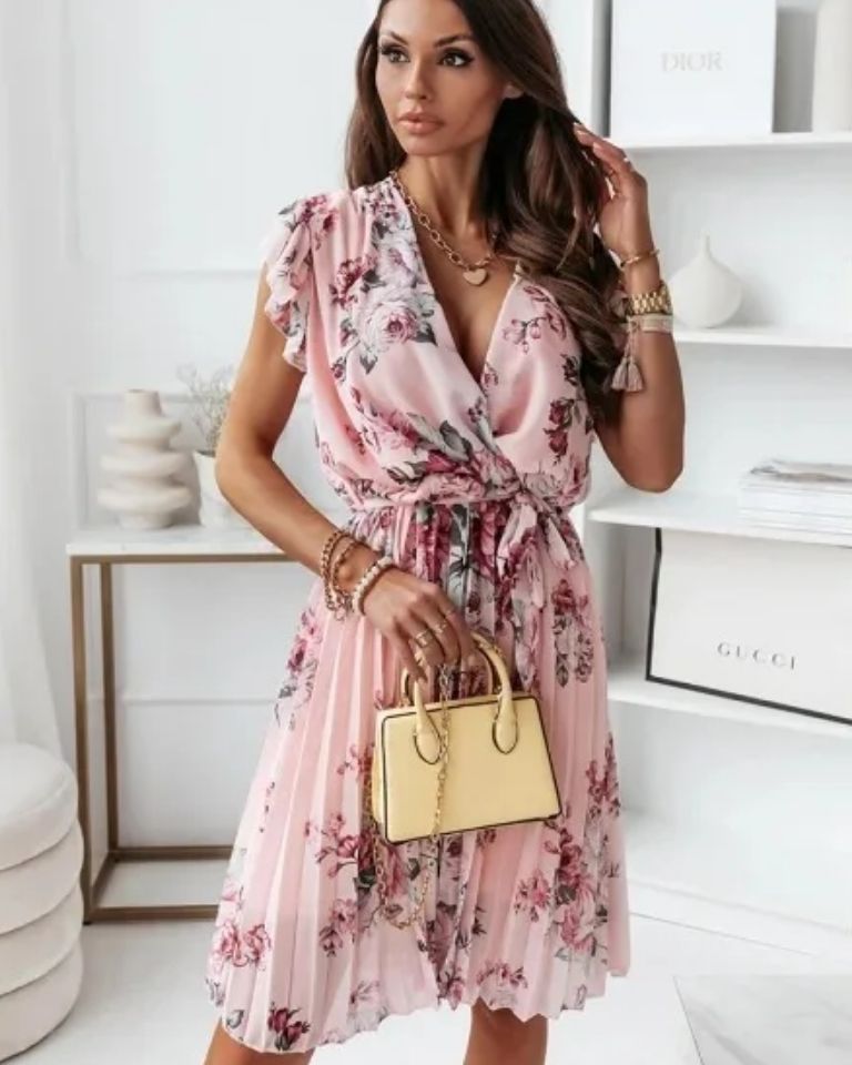 Robe bureau imprimé fleur col V taille lacets