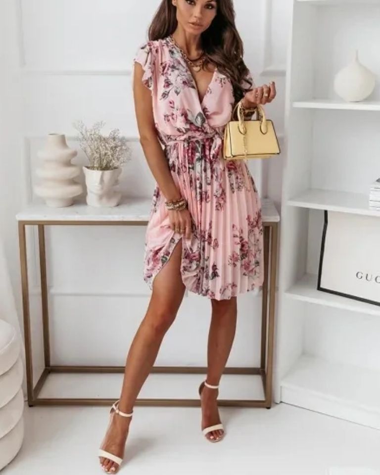 Robe bureau imprimé fleur col V taille lacets