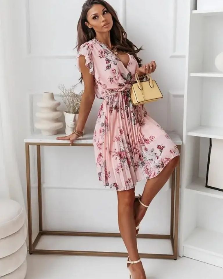 Robe bureau imprimé fleur col V taille lacets