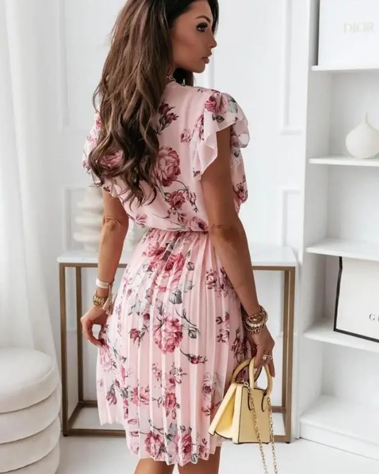 Robe bureau imprimé fleur col V taille lacets