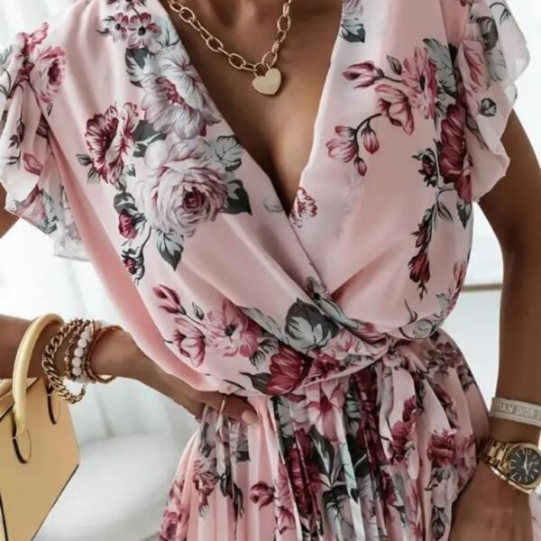 Robe bureau imprimé fleur col V taille lacets