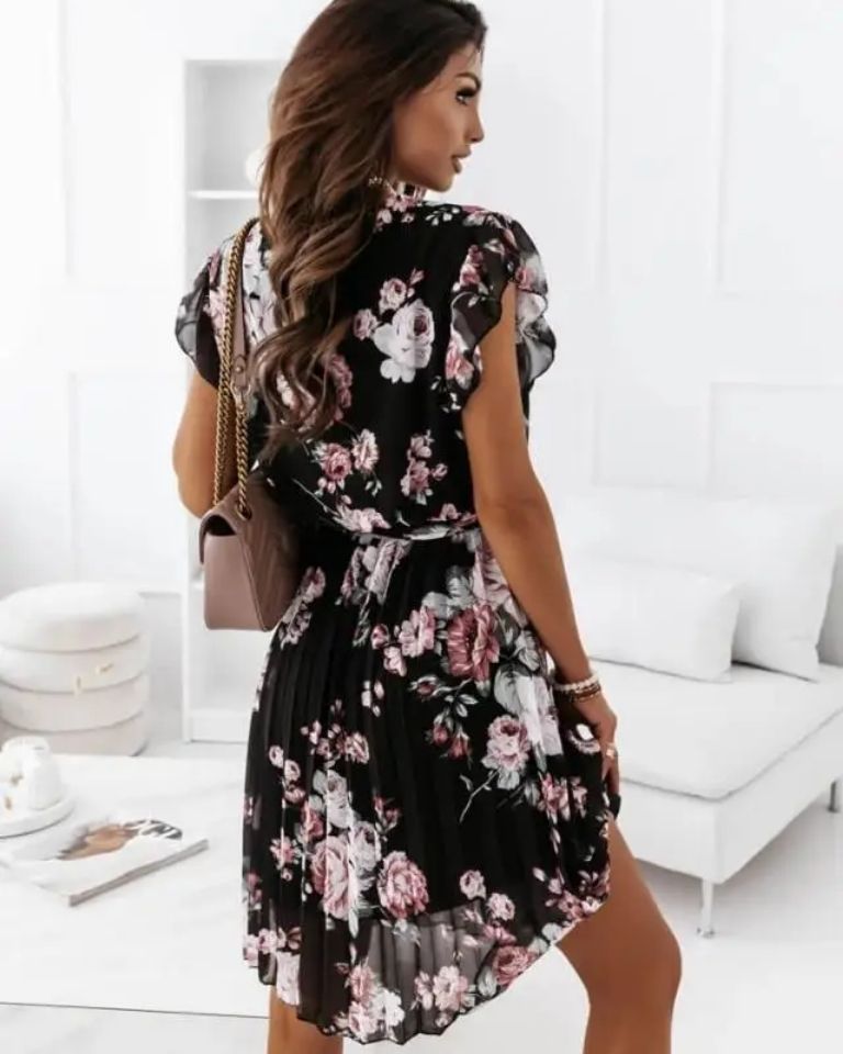 Robe bureau imprimé fleur col V taille lacets