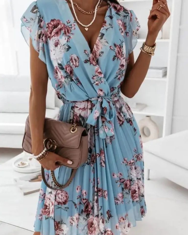 Robe bureau imprimé fleur col V taille lacets