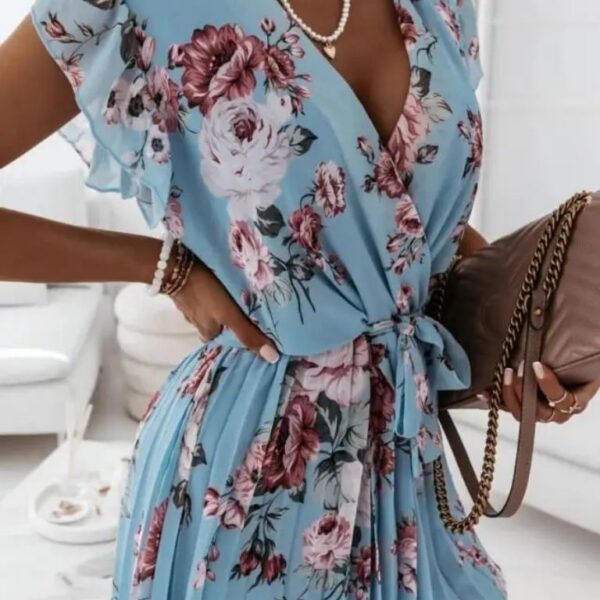 Robe bureau imprimé fleur col V taille lacets