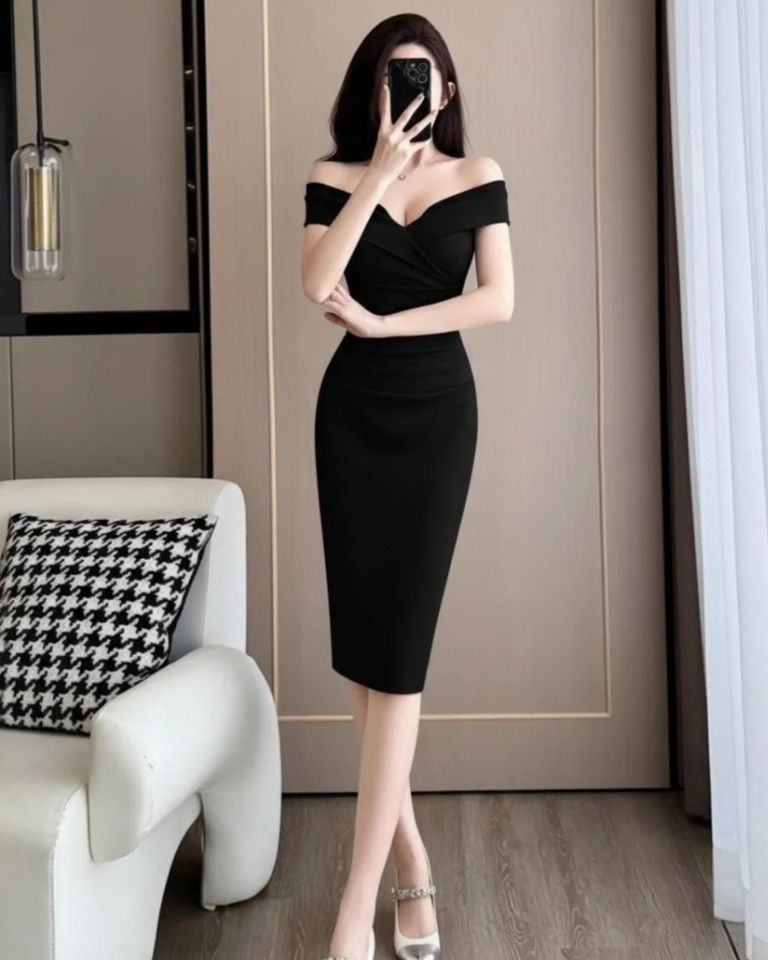 Robe soirée élégante épaule dénudée asymétrique polyester